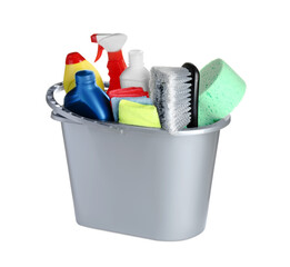 Grey bucket and many different car wash products on white background