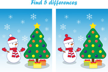 Task for children. Find 5 differences. Christmas tree and snowman.