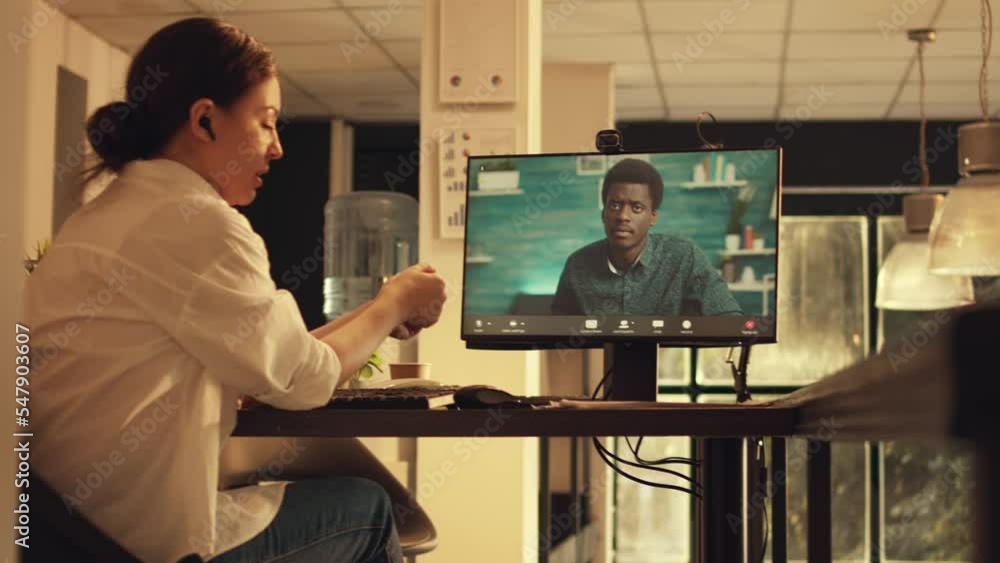 Poster freelancer talking to manager on online videocall meeting, having remote conversation on teleconfere