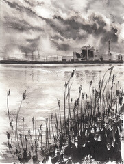 South ukrainian nuclear power plant in the morning time with clouds over pond. Reeds in the foreground. Hand drawn china ink on paper textures. Raster