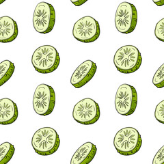 Vector cucumber pattern. Vegetable colored pattern. Detailed cucumbers drawing. Farm market product.