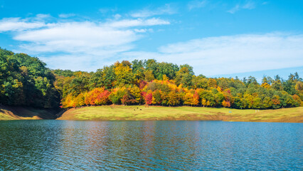 Khanbulan mountain lake in autumn season