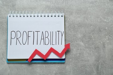 Notebook with word Profitability, up arrow on light grey table, top view. Space for text. Profit concept