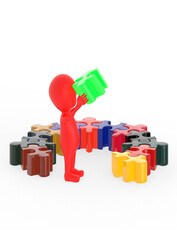 3d red character arranging jigsaw