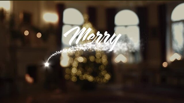 Merry Christmas! Christmas greeting and sparkler text animation with particles on a christmas background. Ideal gift card or screensaver on television in a hotel, bar or restaurant.