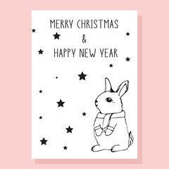Concise greeting christmas card with cute drawn rabbit and black stars