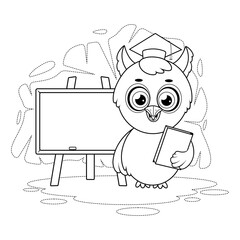 Coloring page. Smart owl with a school board and a book