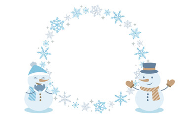 円形の雪の結晶と雪だるまをあしらった冬の催事フレーム_背景透過_文字なし