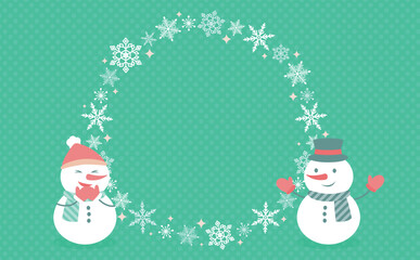 円形の雪の結晶と雪だるまをあしらった冬の催事フレーム_緑_文字なし