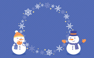 円形の雪の結晶と雪だるまをあしらった冬の催事フレーム_青_文字なし