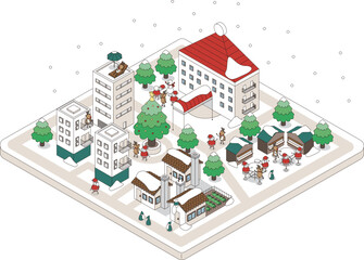 サンタクロースが住む街のセットのアイソメイラスト