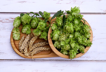 Fresh green hops and ears of wheat on white wooden table, top view