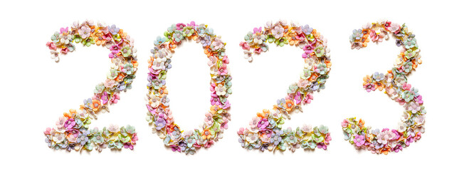 Flowers number 2023 made of colorful flowers on white. Floral numbers. Merry Christmas and Happy New Year 2023. Banner