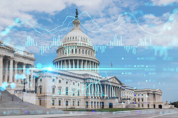 Fototapeta na wymiar Capitol dome building exterior, Washington DC, USA. Home of Congress, Capitol Hill. American political system. Forex graph hologram. The concept of internet trading, brokerage and fundamental analysis