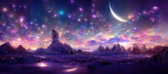 Fantasy landscape with sandy glaciers and purple crystal. Concept art. fantasy	 - obrazy, fototapety, plakaty