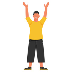 A young man in casual clothes stands and waves his hands. Isolated vector illustration.