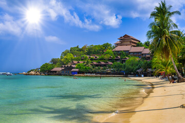 Coconut palms and bungalows, Haad Yao beach, Koh Phangan island,
