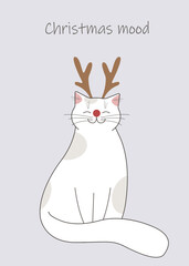 Cat with antlers its head and red nose. Holiday card with inscription christmas mood