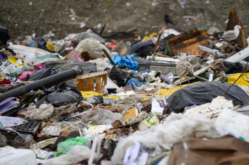 Garbage dump at waste processing site. Environment pollution concept
