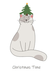 Gray cat with an evergreen tree with a bright star on its head. Holiday card with inscription christmas time