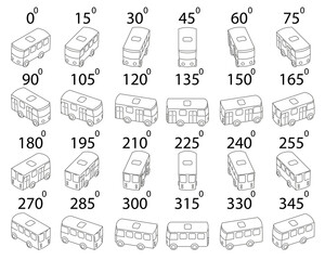 A set of 24 buses outline from different angles. Animation of the rotation of a silhouette bus by 15 degrees.