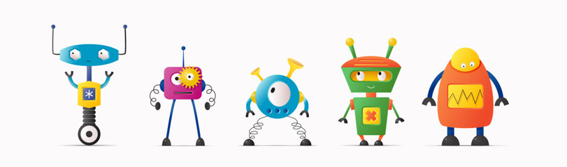 Set of cute vector robot characters for kids. Funny vintage style robotics