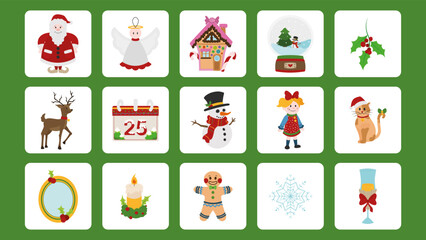 Big set of Christmas decorative elements and characters. Merry Christmas holiday collection. Cute vector illustrations. Santa Claus, gingerbread house, reindeers and more