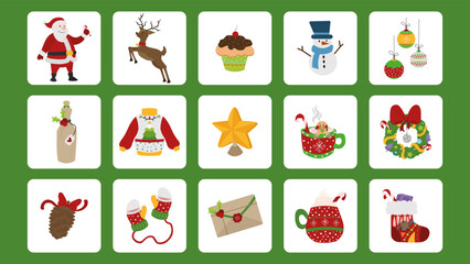 Big set of Christmas decorative elements and characters. Merry Christmas holiday collection. Cute vector illustrations. Santa Claus, gingerbread house, reindeers and more.