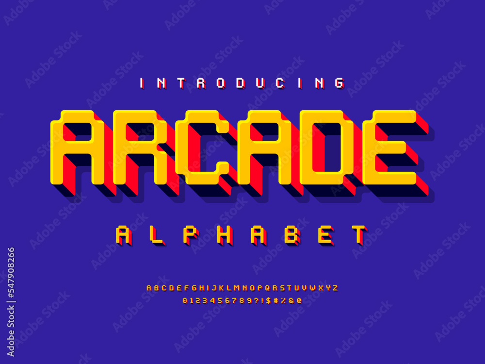 Poster 8 bit pixel style alphabet design with uppercase, numbers and symbol