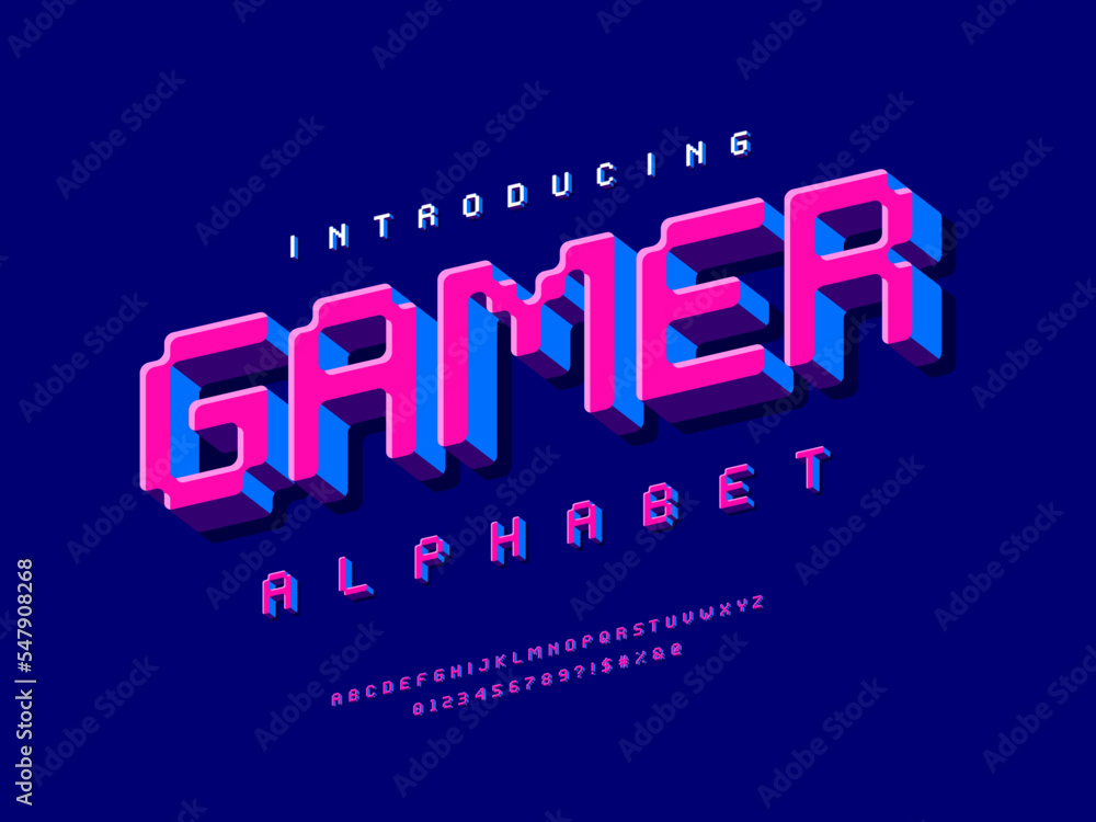 Poster 8 bit pixel style alphabet design with uppercase, numbers and symbol