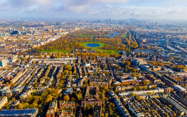 Aerial view of West Kensigton and Hyde park in London in autumn, England