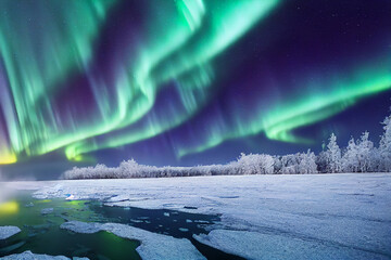 Northern Lights Over an Icy Lake, Beautiful Wintery Nature Scene Up North, Aurora Borealis in Mid Winter, An Icy Lake Lit Up by the Northern Lights