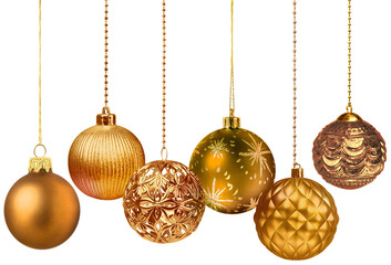 Six golden color decoration Christmas balls variation collection set hanging isolated