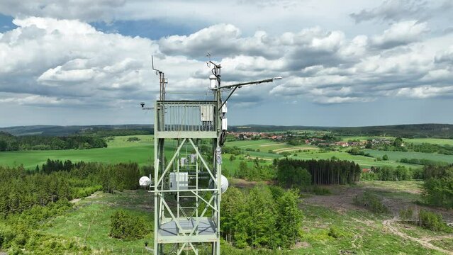 Station science meteorology tower atmospheric research drone aerial weather, measuring ozone O3, carbon methane CH4, carbon dioxide CO2, nitrogen oxygen 02, mountain spruce Rajec, bark beetle