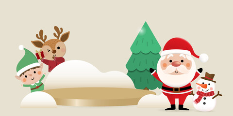 Merry Christmas and happy new year product display podium with cute Santa Claus, little elf, snowman, xmas tree and deer. Holiday cartoon character in winter season. -Vector