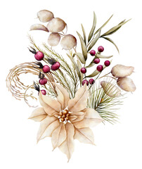 Watercolor hand drawn bohemian christmas bouquet. Floral arrangement with poinsettia, pine twigs, berries, eucalypt in boho color palette - 547909642