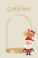 Merry Christmas and happy new year product display podium with cute Santa Claus and deer. Holiday cartoon character in winter season. -Vector