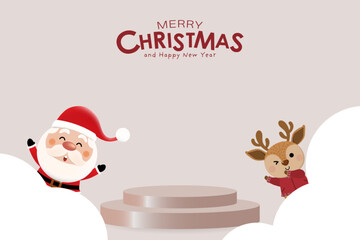 Merry Christmas and happy new year product display podium with cute Santa Claus and deer. Holiday cartoon character in winter season. -Vector