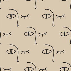 Linear drawing abstract face seamless pattern. Modern minimalist art, aesthetic outline. Continuous line background with female and male faces. Vector group of people.