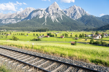 Railway with Mountain Zugspitze in the background, Ehrwald, Germany