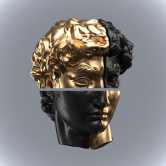 Abstract illustration from 3D rendering of black metal and golden checkered male classical head and isolated on dark background.
