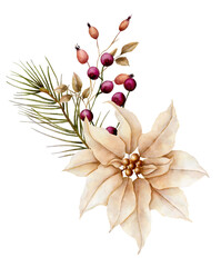Fototapeta na wymiar Watercolor hand drawn bohemian christmas bouquet. Floral arrangement with poinsettia, pine twigs, berries, eucalypt in boho color palette