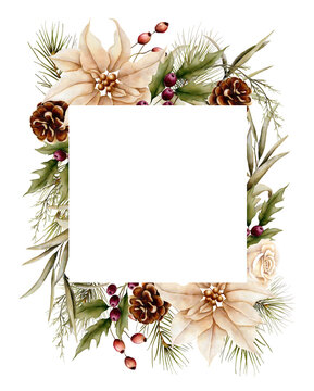 Watercolor hand drawn bohemian christmas frame. Floral  border with poinsettia, pines, berries, eucalypt in boho color palette