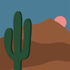 Graphic print inspired by Arizona, summer landscape with cacti. Desert sunset, pink sun. Flat design, hand drawn cartoon.