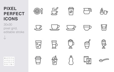Coffee menu line icon set. Cappuccino, spoon, mug, hot beverage, takeaway, mocha, regular, macchiato minimal vector illustration. Simple outline sign for cafe. 30x30 Pixel Perfect, Editable Stroke