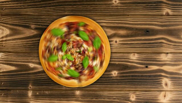 Rolling italian pizza on wood background, running traditional pizza animation, looping motion