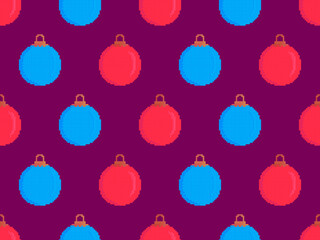 Pixel Christmas balls seamless pattern. Christmas balls in pixel art style red and blue color. 8-bit retro games from the 80s and 90s. Design for print, banner and wallpaper. Vector illustration