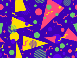 Memphis seamless pattern with geometric shapes in 80s style. Colorful geometric shapes on a violet background. Design of promotional products, wrapping paper and printing. Vector illustration