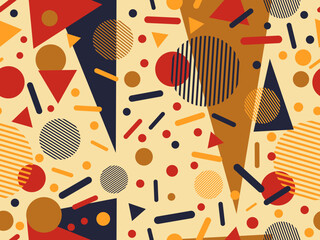 Geometric seamless pattern in 80s memphis style. Colorful background with geometric shapes. Design for promotional products, wrapping paper, brochures and printing. Vector illustration