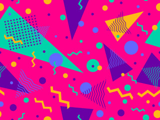 Fototapeta premium Memphis seamless pattern with geometric shapes in 80s style. Colorful geometric shapes on a blue background. Design of promotional products, wrapping paper and printing. Vector illustration